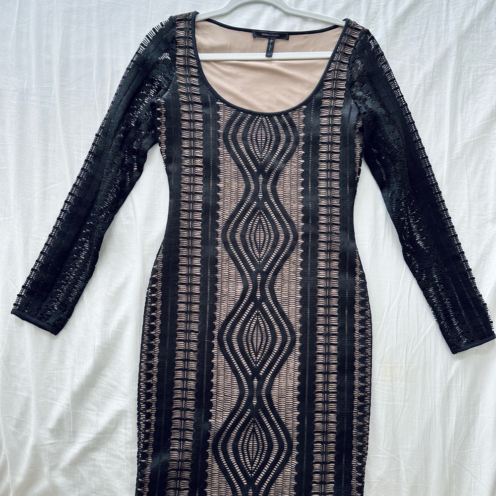 BCBGMaxAzria Black and Beige Long Sleeve Dress